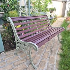 Garden bench, cast iron, beautiful design, restored seat, outdoor garden seating, treated timber decorations, furniture patio decking, great present. Ignore flowers, pots, plants, garden statue, chair, swing, patio table, balcony.