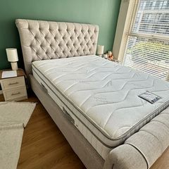 King Size Chesterfield Bed Frame Beige Fabric