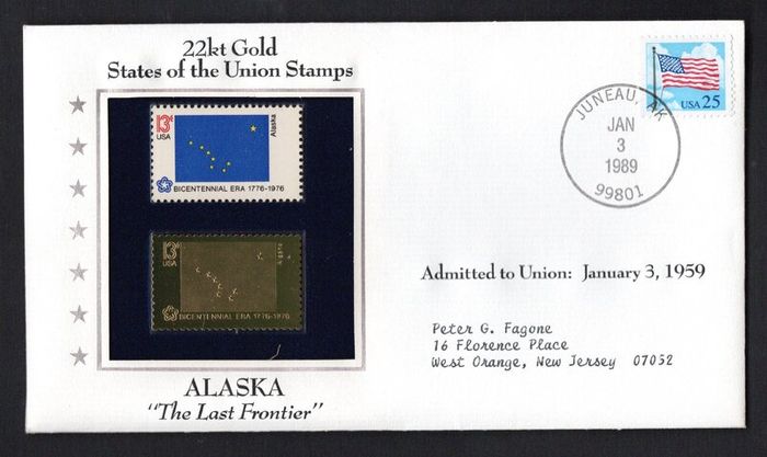 1988 USA Alaska "The Last Frontier" 22kt Gold Replica of the 1976 United States Flag Stamps showing 25c US flag definitive tied Joneau, Alaska (state capital) illustrated cover