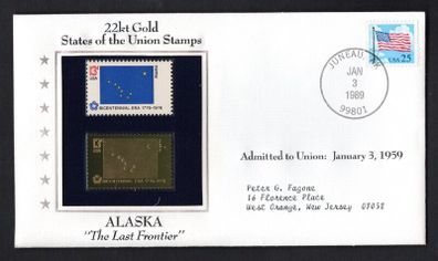 1988 USA Alaska "The Last Frontier" 22kt Gold Replica of the 1976 United States Flag Stamps showing 25c US flag definitive tied Joneau, Alaska (state capital) illustrated cover