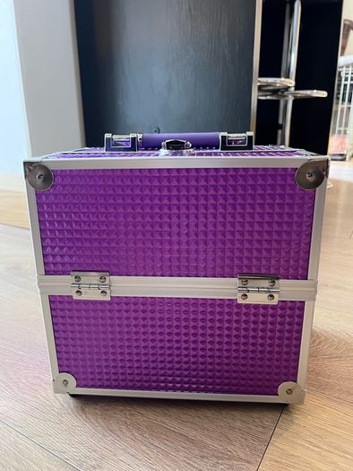 Vanity Box Cosmetics Case Makeup Organiser Box Beauty Cosmetic Make Up Storage Case 4 Trays Lockable with Keys, Purple