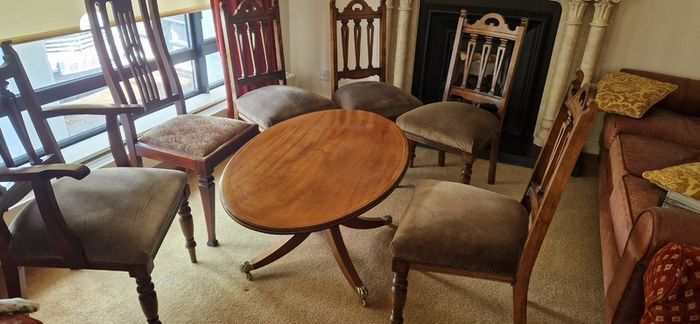 mahogany coffee table and 6 chairs, corner cabinet , 3 crystal bowls