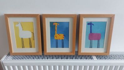 Lovely Set of Three Framed Prints of Brightly Coloured Artworks of Animals in a Naive And Fun Style Perfect for a Baby Nursery or Kids Bedroom