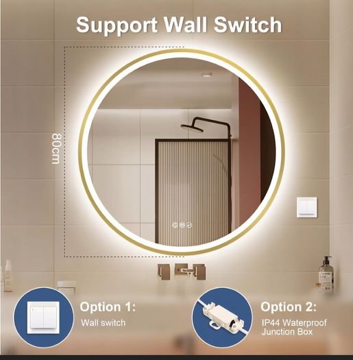 LED Bathroom Mirror Gold 80cm Bluetooth Demister Bright Light Makeup Cosmetic 3 Color Temperature
