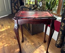 Vintage Mahogany Leather Top End Table with Carved Legs