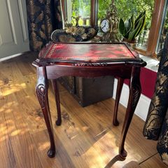 Vintage Mahogany Leather Top End Table with Carved Legs
