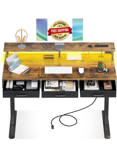 Standing Desk with 3 Storage Drawers, 120cm Height Adjustable Desk Electric Sit Stand Table with Monitor Stand, LED Lights, Power Outlet, Space Saving for Small Home Office Living Room, Brown