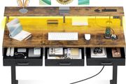 Standing Desk with 3 Storage Drawers, 120cm Height Adjustable Desk Electric Sit Stand Table with Monitor Stand, LED Lights, Power Outlet, Space Saving for Small Home Office Living Room, Brown