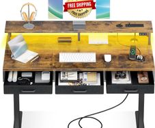 Standing Desk with 3 Storage Drawers, 120cm Height Adjustable Desk Electric Sit Stand Table with Monitor Stand, LED Lights, Power Outlet, Space Saving for Small Home Office Living Room, Brown