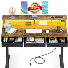 Standing Desk with 3 Storage Drawers, 120cm Height Adjustable Desk Electric Sit Stand Table with Monitor Stand, LED Lights, Power Outlet, Space Saving for Small Home Office Living Room, Brown