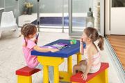 Kids Garden Furniture with Table and 2 Benches for Kids with Parasol Set for Backyard, Patio (Yellow)