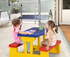 Kids Garden Furniture with Table and 2 Benches for Kids with Parasol Set for Backyard, Patio (Yellow)