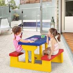 Kids Garden Furniture with Table and 2 Benches for Kids with Parasol Set for Backyard, Patio (Yellow)