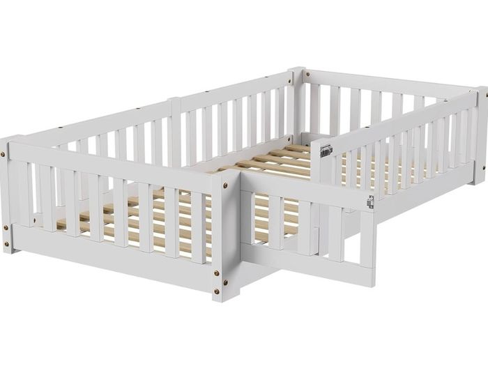 190x90 cm Toddler Floor Bed,3ft Montessori Floor Bed with Rails & Lockable Door,Single Children's Beds for Toddlers,Kids,Fall Protection Including Slatted Frame,White Solid Pine