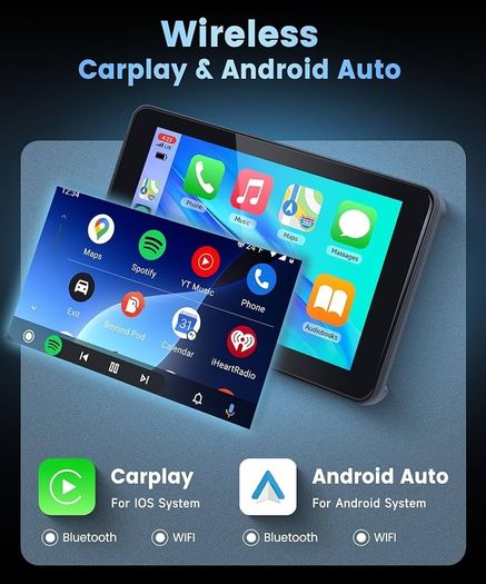 Wireless Carplay Screen Portable Car Stereo Android Auto Screen, Rimoody 7 Inch Touch Screen Portable Car play Bluetooth FM Transmitter Mirror Link Voice control AUX Cable