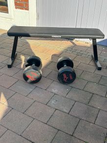 gym bench and weights
