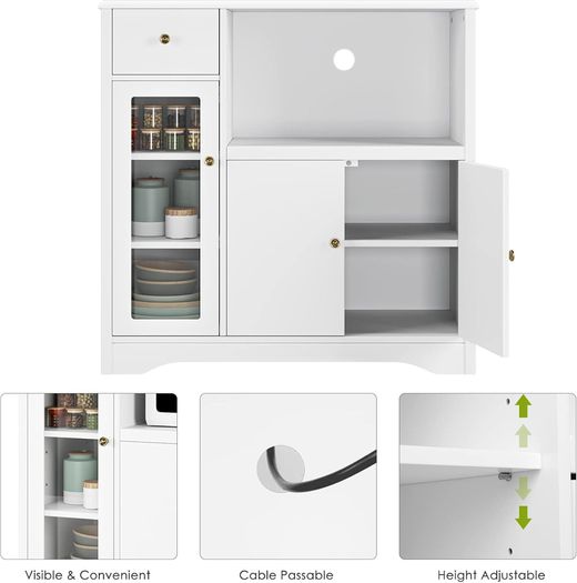Kitchen Cupboard, White Kitchen Storage Cabinet with Doors, Microwave Counter and Adjustable Shelves, Modern Sideboard for Dining Room, Living Room, 90 x 40 x 82 cm