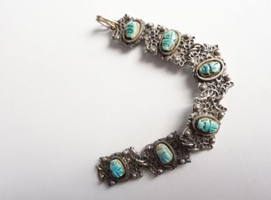 Vintage Egyptian silver tone scarab bracelet