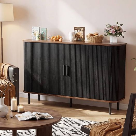 Sideboard Cabinet, Buffet Storage Cabinet, Kitchen Cupboard with Tambour Sliding Door, Storage Unit for Living Room Home Dinning Room Modern,Black