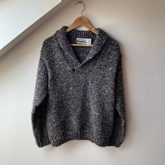 Aran Crafts Ireland Wool Sweater Men's Medium Grey Tweed Shawl Collar Fleck