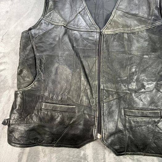 Black Patchwork Leather Vest Waistcoat - Zip Buckles - Large
