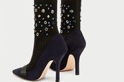 ZARA black/navy embellished sock boots Sz 38 (Fit 5UK) - Rrp 59.99