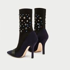 ZARA black/navy embellished sock boots Sz 38 (Fit 5UK) - Rrp 59.99