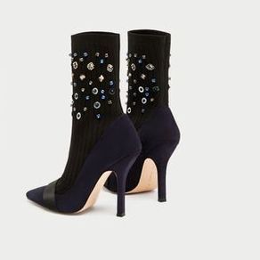 ZARA black/navy embellished sock boots Sz 38 (Fit 5UK) - Rrp 59.99
