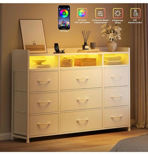 Chest of Drawers for Bedroom with LED and Charging Station, White