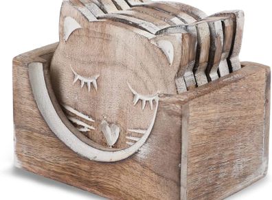 Drink coasters set of 6 with holder Handmade Wooden coasters for Coffee, Tea, Mugs, Cups, Wine Glasses Housewarming gift - Premium quality (Cat Design)