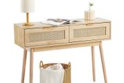 Console Table with 2 Storage Drawers, Rattan Entryway Table with Natural Rattan Sliding Door, Console Sofa Table for Living Room, Study, Entryway Or TV Wall, Natural