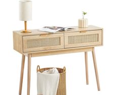 Console Table with 2 Storage Drawers, Rattan Entryway Table with Natural Rattan Sliding Door, Console Sofa Table for Living Room, Study, Entryway Or TV Wall, Natural
