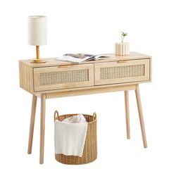 Console Table with 2 Storage Drawers, Rattan Entryway Table with Natural Rattan Sliding Door, Console Sofa Table for Living Room, Study, Entryway Or TV Wall, Natural
