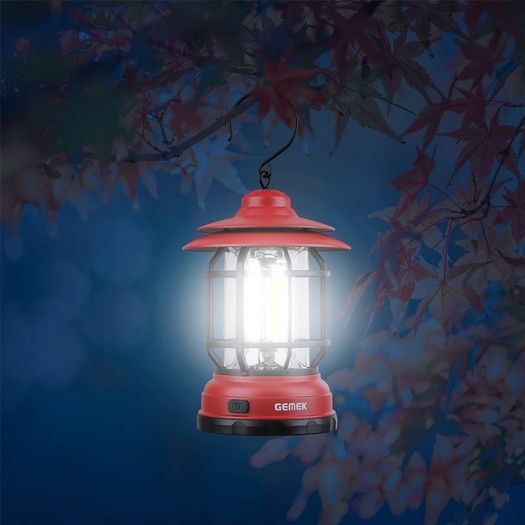 Portable Retro Camping Lantern, Hanging Dimmable COB Brightness Tent Light for Camping, Party, Night Fishing, Hiking, Home Lighting, Outages Emergency (AA Battery Powered, Red)