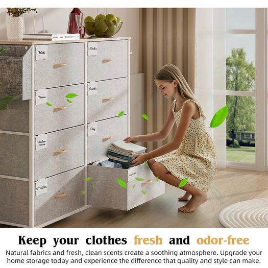Fabric Chest of Drawers - Canvas Storage Unit with 8 Large Drawers Label Cards, Side Pocket & Hook for Living Room, Hallway, Bedroom