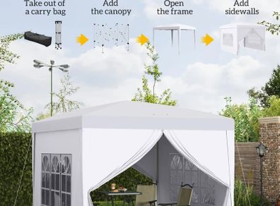 3 x 3m Pop Up Gazebo,. Wedding Party Canopy Tent Marquee with Carry Bag and Windows, White