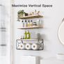 FREE SHIPPING Floating Shelves with Wire Strorage Basket, Paulownia Wood Bathroom Shelves for Home Organization & Wall Decor, Bathroom/Kitchen/Living Room/Office Shelves, Set of 3+1, Natural Image 2