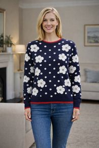 Ladies Jumper: Size 8 - White flowers on navy with it and trim