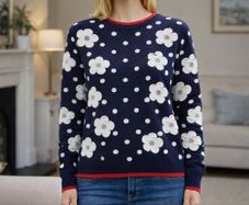 Ladies Jumper: Size 8 - White flowers on navy with it and trim