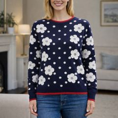 Ladies Jumper: Size 8 - White flowers on navy with it and trim