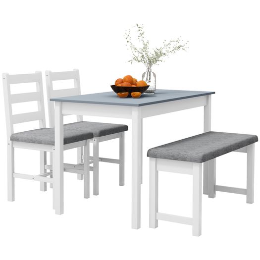 Dining Set, 4-Piece Dining Table Set, 1 Table, 1 Bench, 2 Chairs, Gray + White