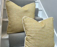 Handmade Mustard Yellow Houndstooth Cushion Covers with Cream Piping  Pair, 20 x 20 Inches