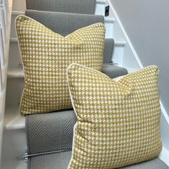 Handmade Mustard Yellow Houndstooth Cushion Covers with Cream Piping  Pair, 20 x 20 Inches