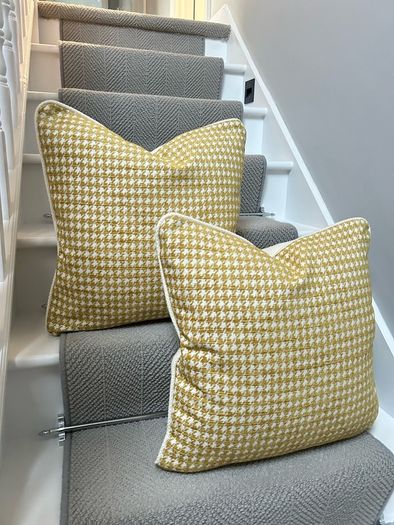 Handmade Mustard Yellow Houndstooth Cushion Covers with Cream Piping  Pair, 20 x 20 Inches