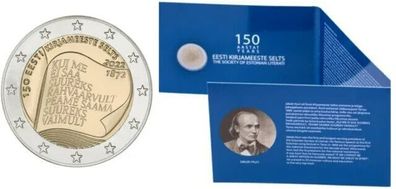 Estonia 2 Euro Commemorative Coin 2022 - Estonian Literary Society. Coincard. BU