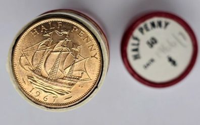 GB 1967 Half Penny Tube Roll 50 Red Uncirculated Lustrous Coins