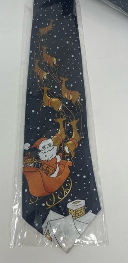 Black Christmas Tie With Santa and 7 Reindeer. New in packaging.
