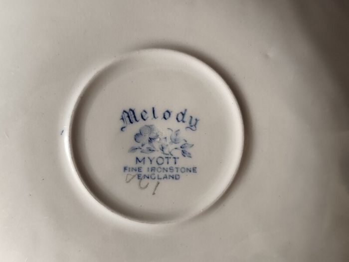 A Set of Six Myott Staffordshire Ironstone Royal Mail Soup Bowls and Melody Saucers