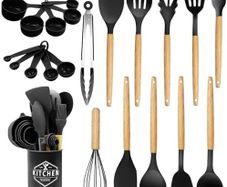 Silicone Kitchen Utensils 22 Pieces, Set of Utensils da Cucina per Pentole Antiaderenti, Heat and Non-Stick with Wooden Handle for Utensils BPA Free (Black)