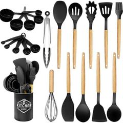 Silicone Kitchen Utensils 22 Pieces, Set of Utensils da Cucina per Pentole Antiaderenti, Heat and Non-Stick with Wooden Handle for Utensils BPA Free (Black)